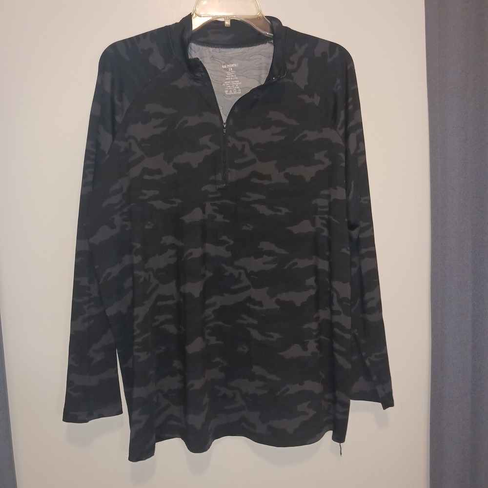 Men's Real Essentials 2X Gray Black Camo Pullover Long Sleeve Shirt